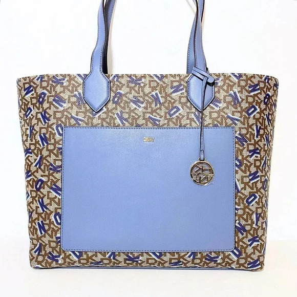 DKNY Shoulder Tote Satchel Bag Monogram Print Blue, Brown NWT - Picture 5 of 13